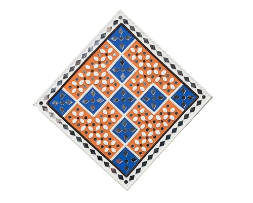 Image of Ethnics of Kutch Traditional Kutch Handicraft Mud-Mirrorwork Lippan Kam Wall Art (Water and Break Resistant) - Square (12 inch x 12 inch) - (White LKT-0271)