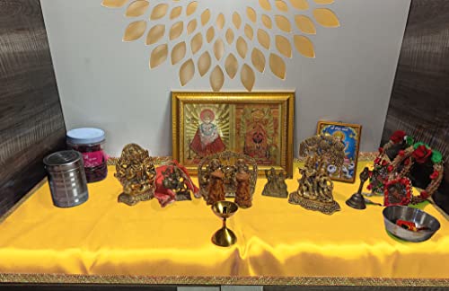 Image of Pooja Cloth for Mandir | Pooja Aasan Cloth for Mandir | Chowki Mat for Puja Table & Home Temple | Decorative Yellow & Orange Puja Kapda (1 Meter)
