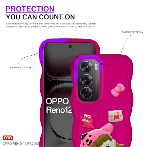 Image of AESTMO Back Case Cover for Oppo Reno 12 Pro 5G | 3D Cute Fun Cartoon Characters | Anti Slip Grip Cute Wave Curly Frame Shape | Full Body Protection Back Cover for Oppo Reno 12 Pro 5G (Pink)