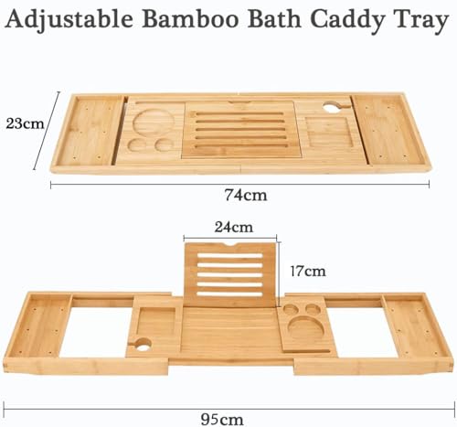 Bamboo Bathtub Caddy Tray, Bath Tub Tray with Towel Holder, Adjustable Bathtub Table with Book Holder, Phone Slot, Cup Placement by Hikio - Image 5