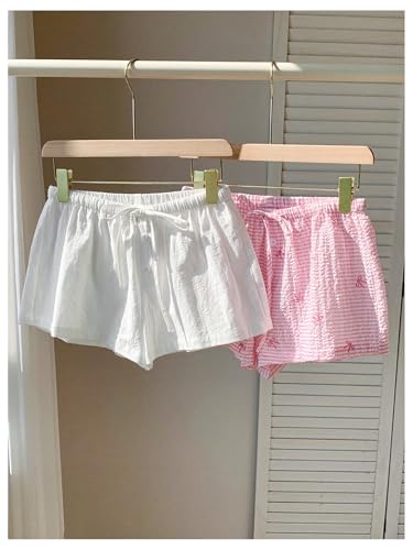 Image of MakeMeChic Women's 2 Pack Linen Shorts Striped Gingham Boxer Shorts | Summer, Beach Shorts, Cover Up, Pajama, Lounge