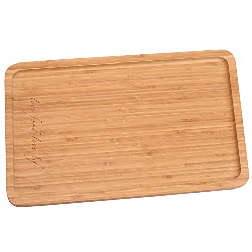 Bamboo Rectangular Serving Tray, Handcrafted 16 x 10 Inch Food Tray, Carved Serving Platters for Coffee Wine Cocktail Fruit Meals, Engraved Love Food Love Life