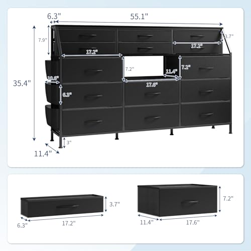 Dresser for Bedroom with 14 Drawers, 55" W Dresser with Side Pocket, Fabric Dressers & Chests of Drawers with Shelves, Sturdy Frame, Wood Top