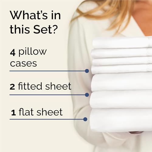 Image of Split King 7 Piece Bed Sheet Set - Breathable & Cooling - Antique White | Ultra-Soft Hotel Luxury Bedding Set w / 8-16 Inch Deep Pockets, 1 Flat & 2 Fitted Sheet & 4 Pillowcases, Wrinkle & Fade Free