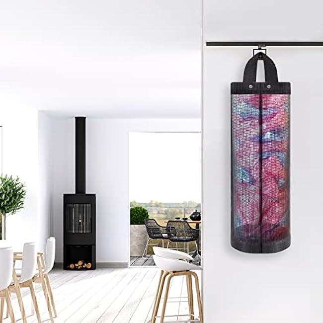 Moniko Plastic Bag Holder - 2 Pack Mesh Grocery Bag Dispenser, Foldable Washable Hanging Organizer for Kitchen (Black)