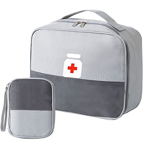2stk Medikament Tasche, Große Kapazität Notfalltasche, Tragbar Reiseapotheke Medikamenten Tasche Medizinbox, Wasserdichte Medizin Aufbewahrungstasche für Zuhause Reisen Büro (Gross+Klein, Grau) Cover