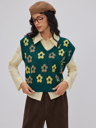 CIDER Floral Sweater Vest for Women Sleeveless Knitted V Neck Knitwear Cute 2025 Trendy Sweater3
