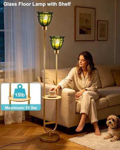 Image of Lightdot 2-Lights Glass Floor Lamp with Table Mid Century Modern Gold Standing Tall Lamps with Green Glass Shade, LED Floor Lamp with Foot Switch for Living Room Bedroom Home Decor (Bulbs Included)