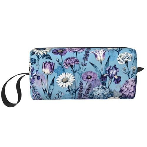 OLUSENMO Blue Watercolor Floral Makeup Bag for Women Wrist Strap Small