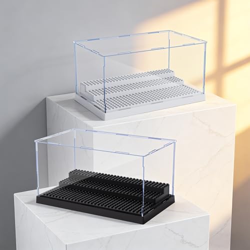 Image of 2 Pack Display Case for Minifigure Action Figures Blocks, Acrylic Minifigure Display Case Box Storage with 3 Movable Steps Gift for Kids Adults (Grey)