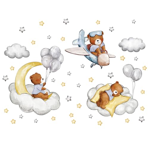 duoyif Stickers Muraux Ourson Stickers Muraux Ours Nuage Étoiles Autocollants Muraux Mural Stickers Ours Brun Nuages Décoration Murale Pour Chambre Enfants Bébé...