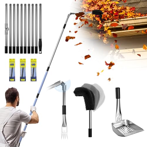 13ft Gutter Cleaning Tools from Ground, No Ladder Needed, 3-in-1 Gutter Cleaner Pole with Replaceable Brush Scoop rake, 180° Adjustable Angle for Leaves & Debris Cleaning with Grip Tapes