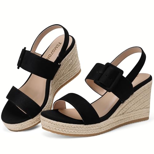 Image of TEMOFON Espadrilles Wedge Sandals for Women: Slip On Elastic Ankle Strap Platform Sandals Dressy Comfortable Summer Wedges Heels Shoes