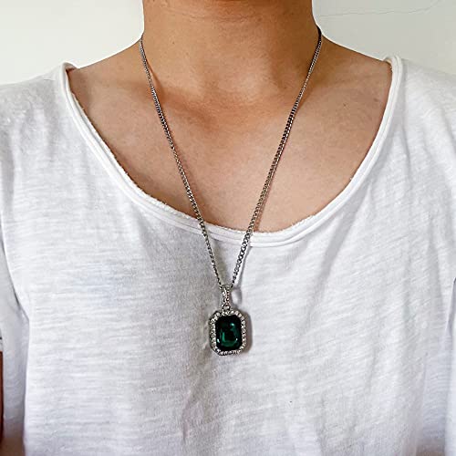 Zealian Hip Hop Necklace Iced Out Green Crystal Simulated Emerald Pendant Jewelry Gemstone Zirconia With Stainless Steel Cuban Chain Silver Plated For Men Women(Silver Green) #TOP3