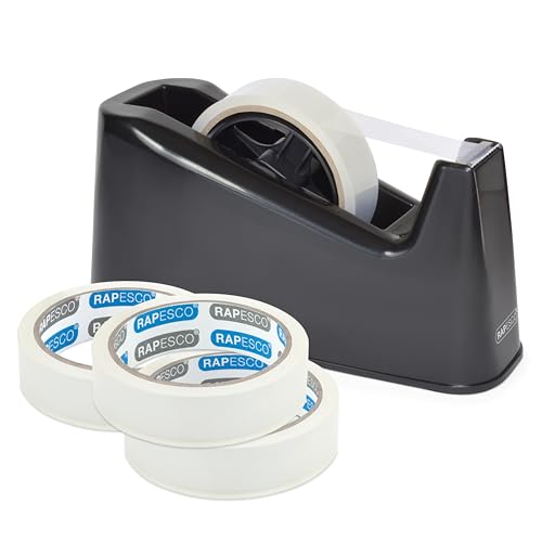 Rapesco 1639 Heavy Duty Tape Dispenser 500 with 4 Clear Tape Rolls Black