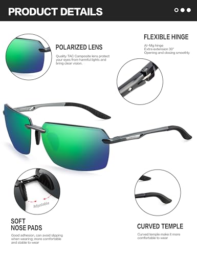 Image of BIRCEN Mens Polarized Sunglasses for Driving: Rimless UV Protection Sun Glasses with Al-Mg Frame for Fishing Traveling Golf