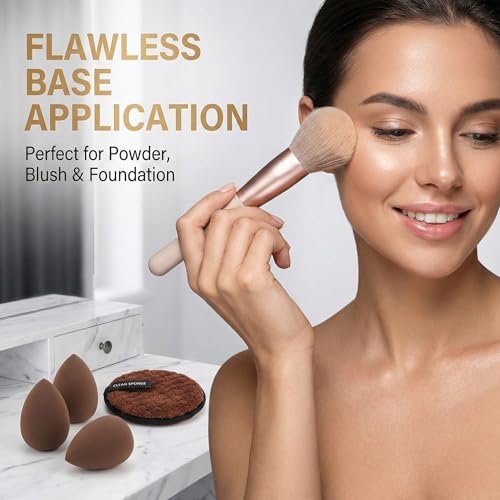 Image of 17Pc Makeup Kit Set - Premium 13-Piece Makeup Brush Set with 3 Makeup sponges & 1 Color-Removal Sponge - Soft Synthetic Bristles, Rose Gold & Cream Design with Velvet Travel Pouch - Complete Professional Beauty Tools (Coffee Edition) (Clean sponge and makeup puffs , color may vary or multicolour)