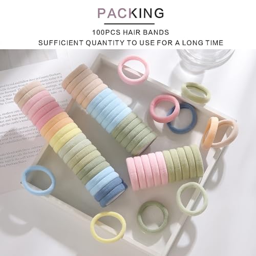 Image of 100PCS Elastic Hair Accessories - Seamless Cotton Hair Bands, Soft Ponytail Holders for Thick /Thin Hair, No Damage Morandi Color Elastics for Women and Girls