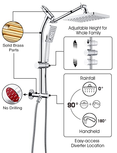 Bright Showers Rain Shower Heads System, Rainfall Shower Head With Handheld Spray Combo Includes Solid Brass Slide Bar, Height Adjustable Shower Holder, Shower Extension Arm And 60" Long Hose, Chrome #TOP1