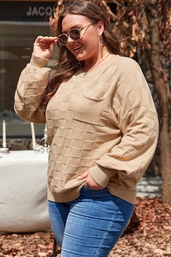 Plus Size Women's Light French Beige Textured Knit Solid Checkered Sweater2