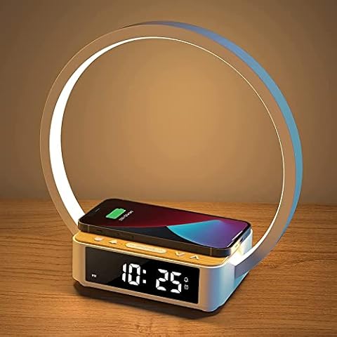 Amouhom Table Lamp, 18W Touch Lamp Alarm Clock with Wireless Charging Wake-Up Light, Digital Sonic 10W Max Qi Charger Nightstand Reading Lamps for Bedside, Reading, Home, Office Cover