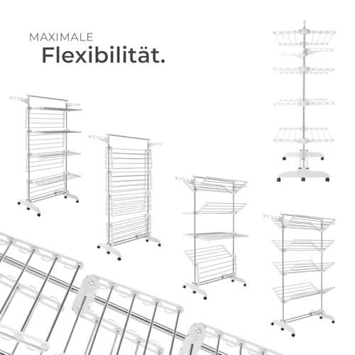 tectake® Wäscheständer, Turm Wäschespinne mit 4 höhenverstellbaren Ebenen, Wäschetrockner mit Rollen, platzsparender Wäscheturm, 2 drehbare Seitenflügel, klappbarer Standtrockner für Innen & Außen – Bild 8