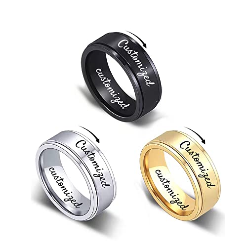 Customized Fidget Ring/Anti Anxiety Ring/Spinner Rings for Women/Men/Teens Girl/Boy, Personalized 8mm Asexual Spin Stress Jewelry for Anxiety Relief Gold/Silver/Black Engraved Name/Text/Date Size 6-13