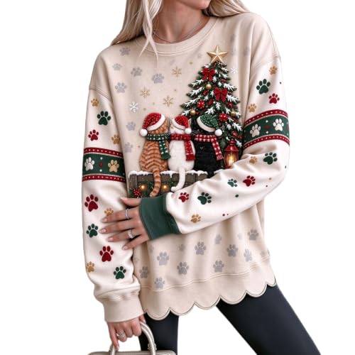 Funny Christmas Shirts for Women Comfortable Cat Pattern Soft Tops - image 2