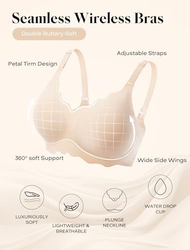 COMFELIE Seamless Wireless T-Shirt Bra for Women, Full Coverage No Underwire with Deep V Neck, U-Back & Lace Trim4