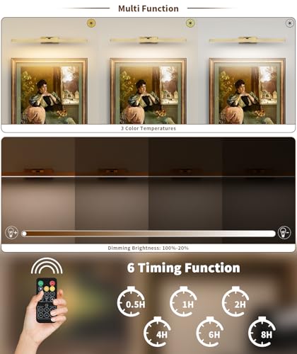 Image of Joosenhouse Battery Operated Picture Light, Wireless Gallery Light with Remote Control and Dimmable Timer Off Function, Rechargeable Painting Art Light, 23.23 Inch Brass Wall Sconce