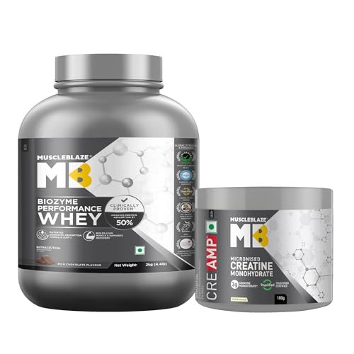 Image of MuscleBlaze Biozyme Performance Whey Protein Powder, Rich Chocolate (2kg / 4.4lbs) & Micronised Creatine Monohydrate CreAMP Powder, Unflavoured (32 Servings, 100g) | Pack of 2