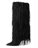 INSMIA Black Furry Knee High Boots for Womens Fold Over Tall Boot Wide Calf Pointed Toe Stiletto High Heel Fall Winter Boots for Women 2025 Size 9.5
