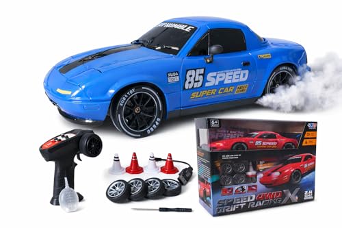 Image of 1:24 RC Drift Car 4WD, 20km /h Remote Control Car with Smoke Effect, Pop-Up Headlights, LED Lights, Drift Tires, Rechargeable Toy Car for Kids & Adults (Blue)