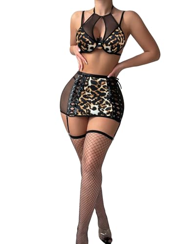 Image of Foxiny Sexy Cutout Halter Underwire Leather Mesh Sheer Mini Skirt Stocking Lingerie Set 4 Piece Outfits
