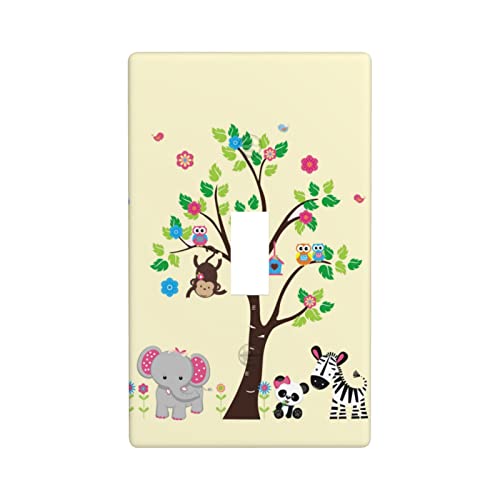 Jungle Animals 1 Gang Single Toggle Light Switch Wall Plate Cover Monkey Trees Giraffe Elephant Owl Faceplate Kids Girls Boy Bedroom Baby Nursery Wall Decor Playroom Kindergarten Decoration Faceplate #TOP6