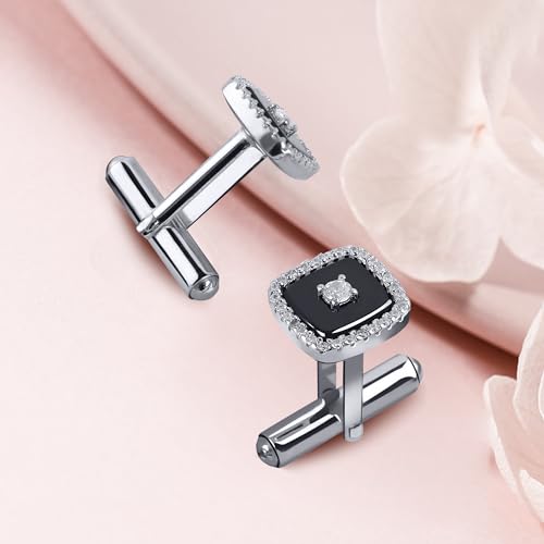 925 Sterling Silver Cufflinks for Men,Gold or Silver Cufflinks for Men with Cubic Zirconia, Square Shaped ceramic Cufflinks for Men，Tuxedo Shirt Cuff Links,tuxedo studs, tuxedo buttons, tuxedo studs and cufflinks set，Wedding Cufflinks (Set of 2)4