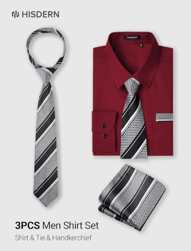 Image of HISDERN Mens Dress Shirt with Tie Pocket Square Set Classic Button Down Shirt Matching Tie Long Sleeve Shirts