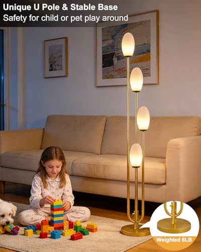 Image of Lightdot Gold Floor Lamp 4-Lights Dimmable Floor Lamps with Oval Lampshade 3000K Bulbs Included Unique Modern Standing Tall Lamp with 5Lbs Heavy Base for Living Room /Bedroom /Sofa Beside /Corner Decor