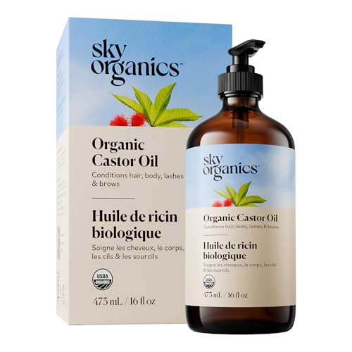 Image of Sky Organics Organic Castor Oil glass bottle for Hair, Lashes & Brows 100% Pure & Cold-Pressed USDA Certified Organic to Strengthen, Moisturize & Condition, 16 fl. Oz