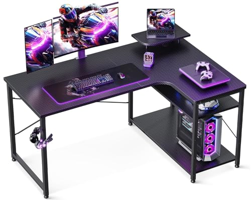 ゲーミングデスク l字 パソコンデスク 幅110 机 デスク desk 棚付き 在宅勤務 pcデスク ?子 勉強机 L字型 組立簡単 カーボンブラック 右棚