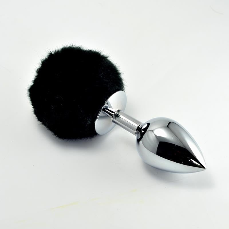 Plug anal en métal avec pompon noir taille L en acier poli haut de gamme
