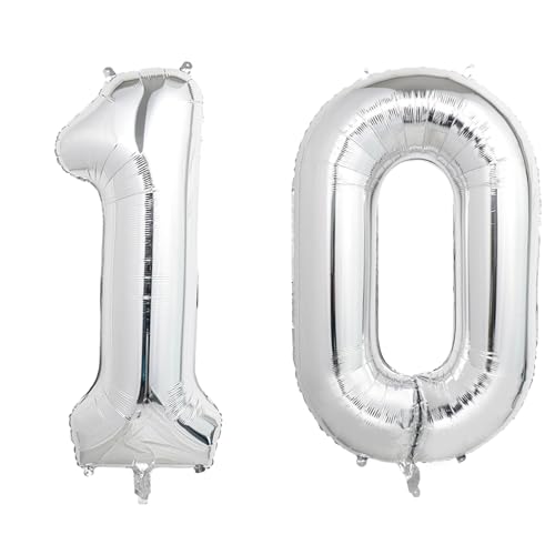 Image of Number Balloons Silver Party Balloon - Giant Number 10 Balloon, 40 Inch Large Balloon for 10th Birthday Decorations, Silver Party Supplies for Anniversary
