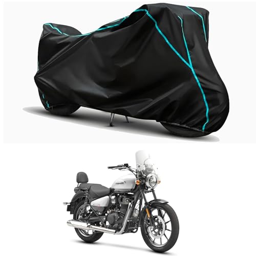 Image of Waterproof Bike Body Cover Compatible for | Royal Enfie Meteor 350 Super BS6 | Taffeta Fabric, Sky Piping Design, Bottom Elastic Fit | Dustproof, Sun UV & Rain Protection for All Weather.
