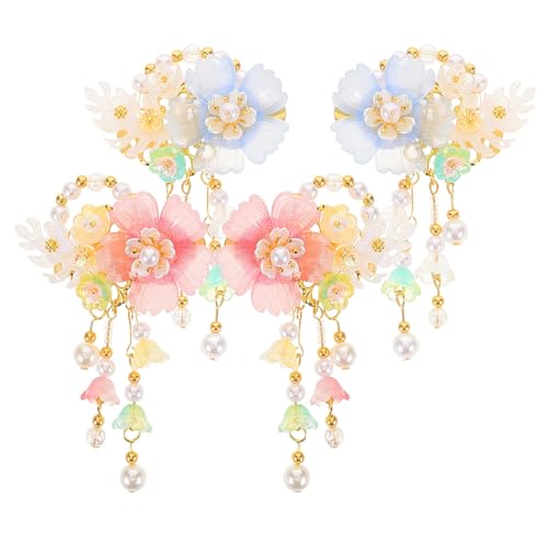 Horquillas chinas de cabello hanfu con flores y borlas para niñas y mujeres