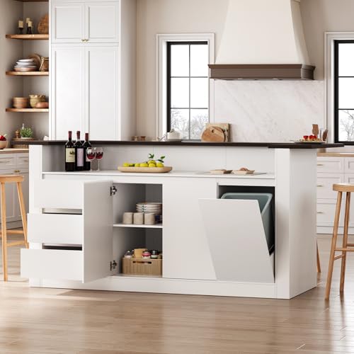 UKAOCAI 86.6" Large Kitchen Island with Trash Can Storage, Stationary