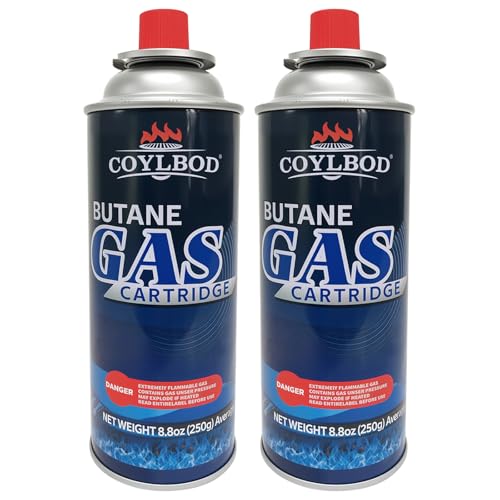 CoYlBod Butane Gas, Butane Fuel Canister, 99.99% Pure Butane Canister with Explosion Proof - RVR System, Butane Fuel for Camping Stove, Kitchen Torch Head (2 Can)