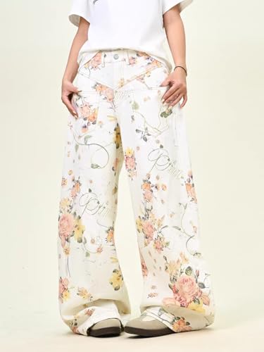Unisex Y2k Vintage Floral Print Reversed Pockets Baggy Wide Leg Jeans Hiphop Harajuku Loose Boyfriend Denim Pants2
