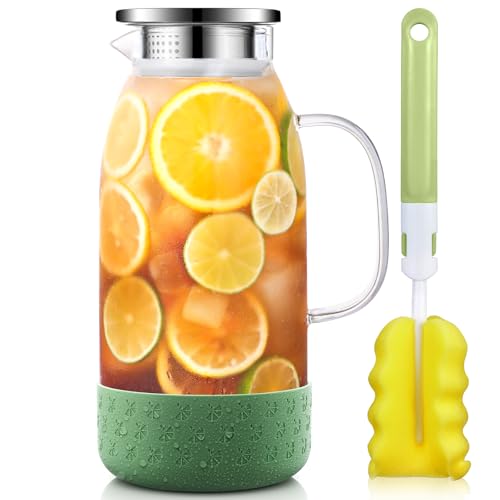 Glass Jug, ZBUFAN 2L Large Glass Water Jug with Lid, Borosilicate Water Carafe with Silicone Base, Heat Resistant Juice Pitcher for Fridge, Jugs with Lids, Green