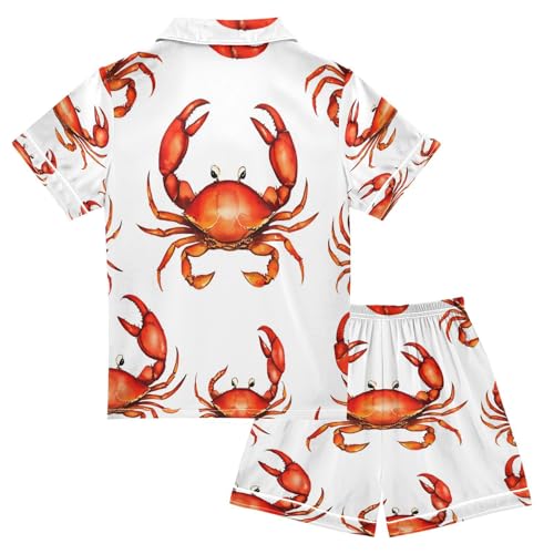 Satin Pajama Sets Short Sleeve Crab Pattern Print Design Button Down Silky Nightwear 2 Piece PJS 5-14Y2