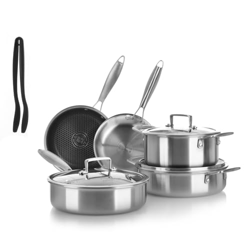 KASANOVA Batería de cocina de 9 piezas Tri-ply, juego de ollas y sartenes de acero inoxidable de triple capa, ollas antiadherentes de inducción, horno y todos los fuegos, con pinza